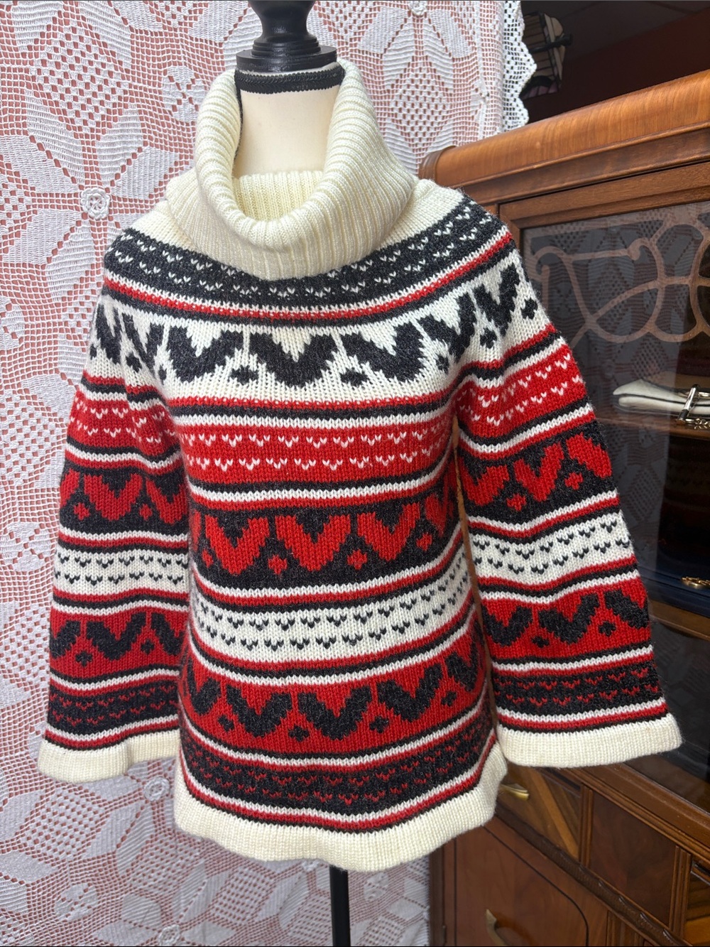 Vintage Fair Isle Cowl Neck Sweater Red Black Cream Acrylic - Picture 10 of 11